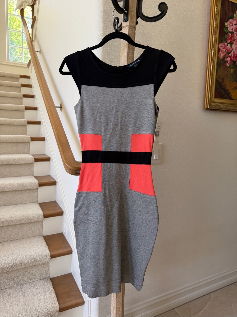 French Connection Grey Midi Dress with Coral Panels and Black Trim